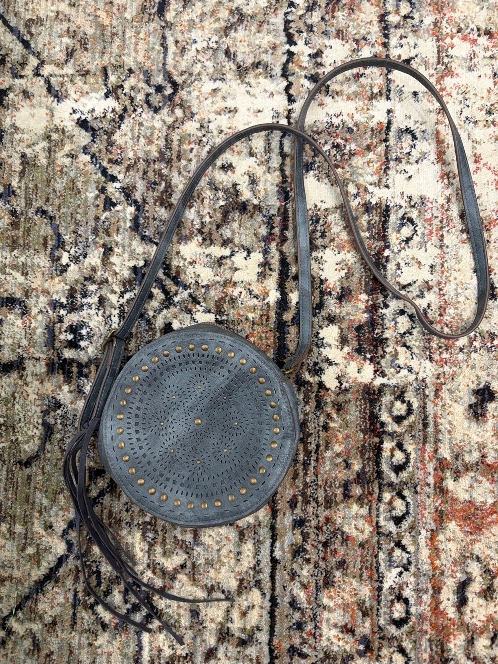 Blue Round Crossbody Bag with Stud Details